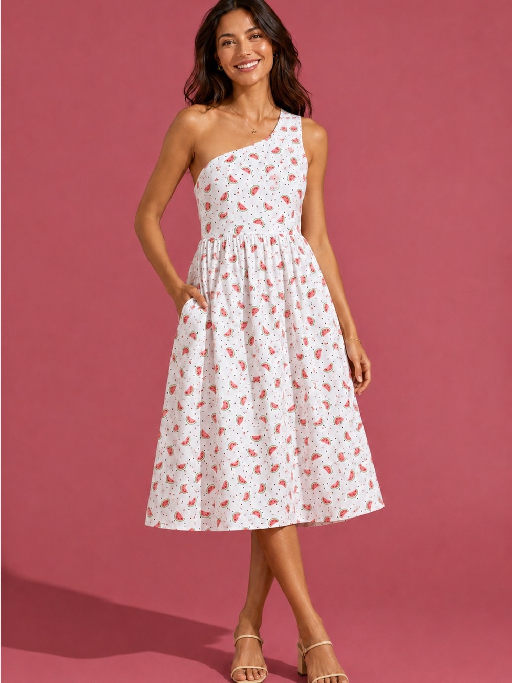 HD in Paris White One-Shoulder Dress with Red Watermelon Print